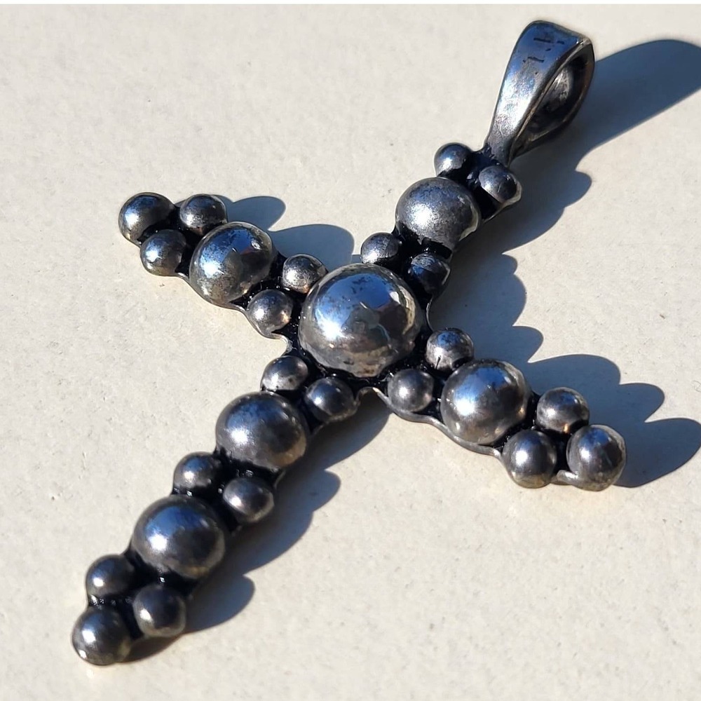 Vintage Sterling Silver Beaded Bubble Cross Pendant Oxidized Gothic 20 Grams